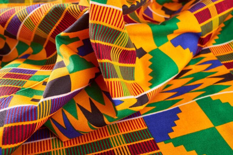 Traditional Kente patterns showing gold, green, and red colors